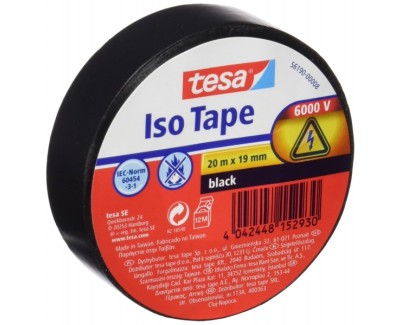 Tesa Cinta Aislante 19mm x 20m - Fabricada en PVC - Para Reparar, Aislar y Agrupar todo tipo de Cables Electricos - Color Negro
