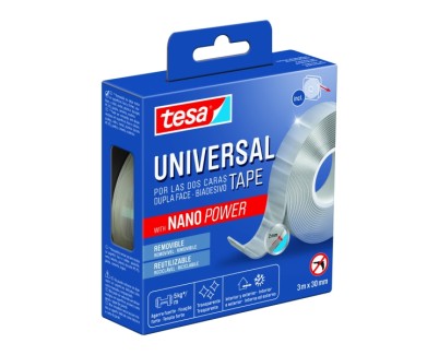 Tesa Cinta Universal de Doble Cara con Nano Power 30mm x 3 Metros - Soporta Cargas Pesadas - Puede Retirarse sin Dejar Residuos - Reutilizable - Para Interiores y Exteriores - Transparente