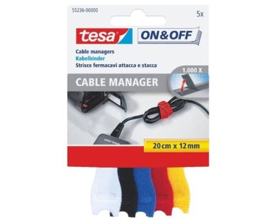 Tesa On & Off Cables Manager Pack de Tiras de Velcro 20cm x 12mm - Para Organizar Cables - Colores Surtidos