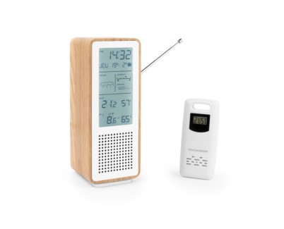 Thomson Altavoz Bluetooth con Estacion Meteorologica y Radio FM - Potencia Musical 15W - Pantalla Retroiluminada - Sonda Exterior Inalambrica - Color Madera y Blanco