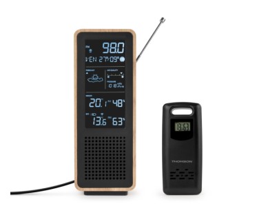 Thomson Altavoz Bluetooth con Estacion Meteorologica y Radio FM - Potencia Musical 15W - Pantalla Retroiluminada - Sonda Exterior Inalambrica - Color Madera y Negro