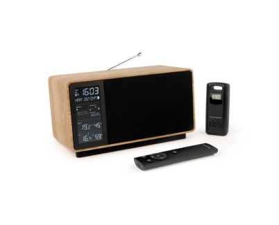 Thomson Altavoz Bluetooth con Estacion Meteorologica y Radio FM - Potencia Musical 50W - Pantalla Retroiluminada - Sonda Exterior Inalambrica - Color Madera y Negro