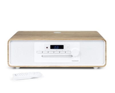 Thomson MIC300IBT Micro Cadena 60W Bluetooth 5.0 - Reproductor de CD, Radio FM, Reproductor USB (MP3) - Funcion de Carga Inalmbrica - Mando a Distancia - Color Madera/Blanco