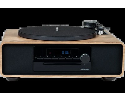 Thomson MIC300TT Micro Cadena 60W Bluetooth 5.0 con Tocadiscos Integrado - Reproductor de CD, Radio FM, Reproductor USB (MP3) - Mando a Distancia - Color Madera/Negro