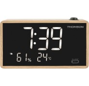 Thomson Radio Reloj Despertador con Proyeccion - Radio FM - Visualizacion Temperatura Interior - Angulo Proyeccion Ajustable - Color Madera