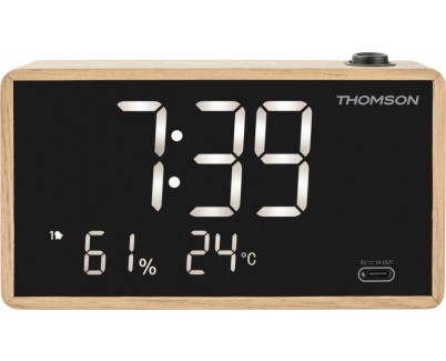 Thomson Radio Reloj Despertador con Proyeccion - Radio FM - Visualizacion Temperatura Interior - Angulo Proyeccion Ajustable - Color Madera