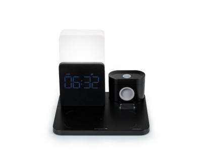 Thomson Reloj Despertador con Estacion de Carga Inalambrica para Smartphone, Smartwatch - Carga USB-C para Auriculares - Pantalla LCD - Luz Nocturna LED - Color Negro