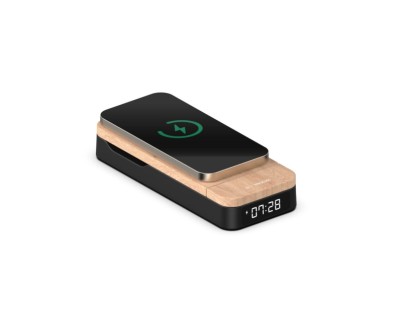 Thomson Reloj Despertador Plegable 3 en 1 - Cargadores Induccion Compatibles con Android y Apple - Cargador USB-C - Brillo Ajustable - Color Madera y Negro