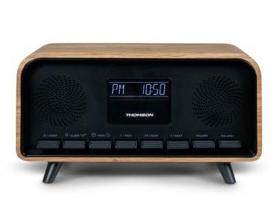 Thomson RT850BT Altavoz Retro Bluetooh - Radio Reloj Despertador - Potencia musical 30W - Color Madera/Negro
