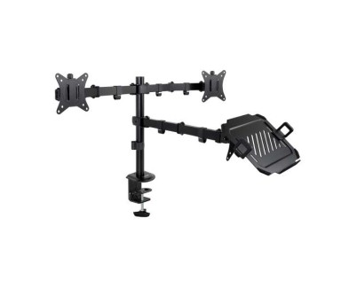 Tooq Soporte de Mesa para 2 Monitores de 17\"-32\" + Bandeja para Portatil - Gestion de Cables - Peso Max 9kg x Brazo - VESA 100x100mm