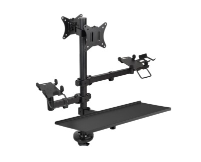 Tooq Soporte de Mesa para 2 Monitores de 17\"-32\" + Soportes para Impresora TPV, Lector de Codigos, Datafono + Bandeja para Teclado y Raton - Gestion de Cables - Peso Max 9kg x Brazo - VESA 100x100mm