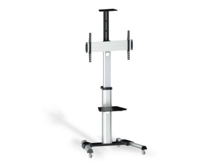 Tooq Soporte de Pantalla de Suelo con Ruedas 37\"-70\" - Bloqueo de Ruedas - Dos Estantes - Gestion de Cables - Peso Max 50Kg - VESA 600X400mm - Color Aluminio/Negro