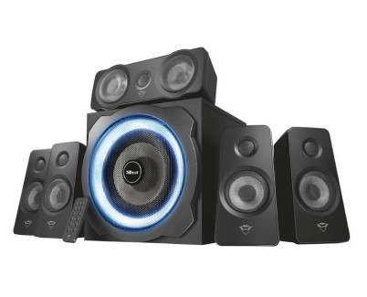 Trust Gaming GXT 658 Tytan Set de Altavoces 5.1 180W - Subwoofer de Madera - Iluminacion LED Azul - Bajos Profundos - Mando a Distancia - Color Negro