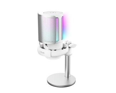 Trust GXT 238W Auron Microfono de Estudio - Cable USB-C 1.8m - Adapatador USB-A - Filtro Antipop de Rejilla - Iluminacion RGB - 85x120x215mm - Color Blanco