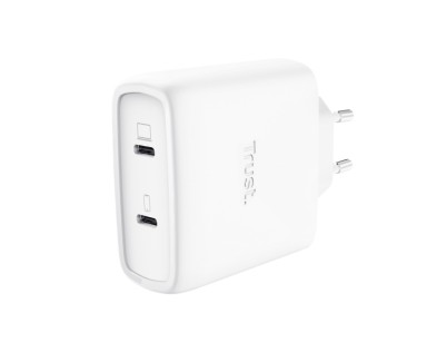 Trust Maxo Cargador de Pared - 65W - GaN - 2xUSB-C - Cable USB-C de 2m - Power Delivery - Plastico Reciclado - 30x63x97mm - Color Blanco