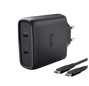 Trust Maxo Cargador de Pared - 65W - GaN - 2xUSB-C - Cable USB-C de 2m - Power Delivery - Plastico Reciclado - 30x63x97mm - Color Negro