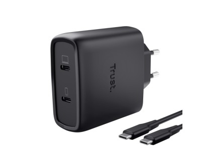 Trust Maxo Cargador de Pared - 65W - GaN - 2xUSB-C - Cable USB-C de 2m - Power Delivery - Plastico Reciclado - 30x63x97mm - Color Negro