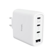Trust Maxo Cargador de Pared - 65W - GaN - 3xUSB-C - USB-A - Cable USB-C de 2m - Power Delivery - Plastico Reciclado - 30x63x97mm - Color Blanco