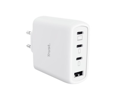 Trust Maxo Cargador de Pared - 65W - GaN - 3xUSB-C - USB-A - Cable USB-C de 2m - Power Delivery - Plastico Reciclado - 30x63x97mm - Color Blanco