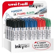 Uni-ball Inkview PWB-202 Expositor de 36 Marcadores de Pizarra Blanca - Punta Conica 1.8-2.2mm - Zona Transparente para Nivel de Tinta - Escritura Brillante y Facil Borrado - Color Surtido