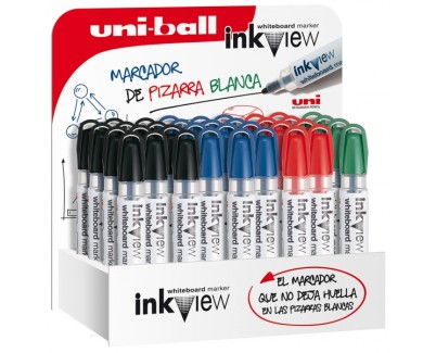 Uni-ball Inkview PWB-202 Expositor de 36 Marcadores de Pizarra Blanca - Punta Conica 1.8-2.2mm - Zona Transparente para Nivel de Tinta - Escritura Brillante y Facil Borrado - Color Surtido