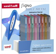 Uni-ball Signo Noble Metal Expositor de 48 Boligrafos de Tinta Gel - Punta de Bola 0.8mm - Tinta Resistente al Agua y Luz - Escribe en Papel Negro y Blanco - Colores Surtidos