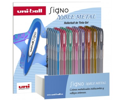 Uni-ball Signo Noble Metal Expositor de 48 Boligrafos de Tinta Gel - Punta de Bola 0.8mm - Tinta Resistente al Agua y Luz - Escribe en Papel Negro y Blanco - Colores Surtidos