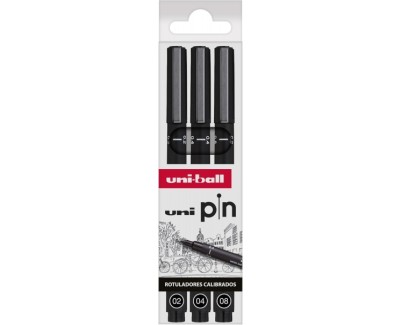 Uni-ball Uni Pin Pack de 3 Rotuladores Calibrados 0.2, 0.4, 0.8 - Punta Poliacetal - Tinta Pigmentada Resistente al Agua y Luz - Color Negro