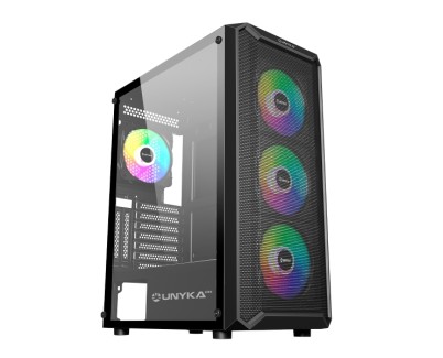 Unykach Armor 3Gen Caja ATX, Micro ATX, ITX - Lateral de Vidrio Templado - USB-A 3.0 y Audio - 4 Ventiladores 120mm ARGB Instalados - Soporta Refrigeracion Liquida