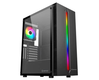 Unykach Armor Lumina Black Caja ATX, Micro ATX, Mini ITX - Lateral de Vidrio Templado - Iluminacion ARGB - 3.5\" y 2.5\" - USB-A 2.0, 3.0 y Audio - 1 Ventiladores 120mm ARGB Instalado - Soporta Refrigeracion Liquida