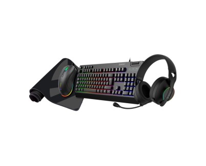 Unykach Pack Gaming NOVA 4in1 USB Teclado Multimedia + Raton 7200dpi + Auriculares con Microfono + Alfombrilla XL - Teclado Portugués - Color Negro