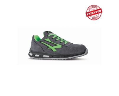 Upower Point S ESD Calzado de Seguridad Bajos - Talla 44 - Parte Superior de Nailon Ultraflexible y Gamuza Suave, Puntera de Aluminio, Antiarrugas, Antideslizantes, Suela de Poliuretano, Proteccion S1PS FO SR - Color Gris Oscuro/Verde