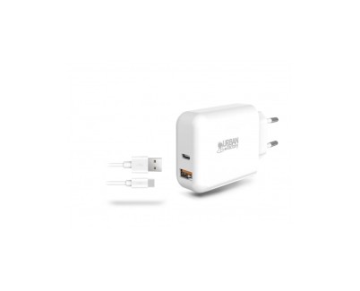 Urban Factory Powee Cargador de Pared USB-C de 45W y USB-A de 18W - Cable USB-A a USB-C de 1m - Color Blanco