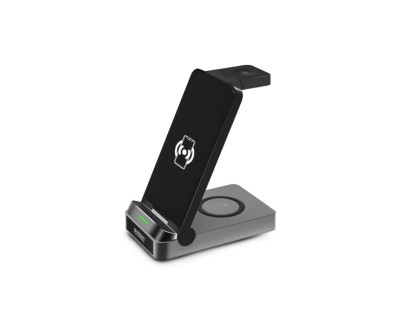 Urban Factory Powee Pro Cargador Inalambrico 3 en 1 con Funcion Soporte 22.5W - Smartphone / Smartwatch / Auriculares - Color Negro