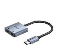 Vention Adapatador de Audio DAC - USB-C Macho - Jack 3.5mm Hembra - USB-C Hembra - Power Delivery 60W - Cable 10cm - Aluminio - Color Gris