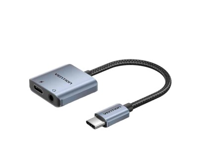 Vention Adapatador de Audio DAC - USB-C Macho - Jack 3.5mm Hembra - USB-C Hembra - Power Delivery 60W - Cable 10cm - Aluminio - Color Gris