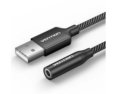 Vention Adapatador de Audio - Jack 3.5mm Hembra - USB-C Macho - Chaqueta Trenzada de Algodon - Cable 25cm - Aluminio - Color Negro