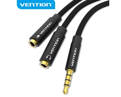 Vention Cable Divisor de Audio - Sincronizacion de Audio y Microfono - Tela Trenzada - Conector Escalonado - Color Negro