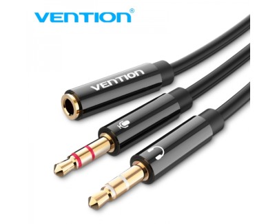 Vention Cable Estereo 2x Jack 3.5 Macho a Jack 3.5 Hembra - 0.3m - Color Negro