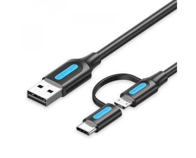 Vention Cable USB 2.0 Macho a MicroUSB+USB-C Macho - 0.5m - 3A 60W 480Mbps - Color Negro