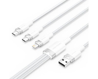 Vention Cable USB-A 2.0 a USB-C, Lightning, Micro-B 3A - 1.5m - Trenzado - Color Blanco