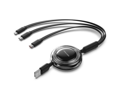 Vention Cable USB Multiple - Longitud Ajustable hasta 1.1m - Retractil - USB-A - 2xUSB-C - Lightning - Velocidad hasta 480Mbps - Color Negro