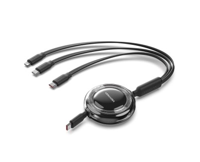 Vention Cable USB Multiple - Potencia Maxima 100W - Retractil - Longitud Ajustable hasta 1.1m - USB-A - 2xUSB-C - Lightning - Velocidad hasta 480Mbps - Color Negro