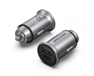 Vention Cargador de Coche 20W 2xUSB (A+C) QC4.0 3.4A - Dise&ntilde;o Mini - Aluminio Gris
