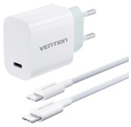 Vention Cargador de Pared - 30W - Cable de 1m Incluido - Chaqueta Trenzada de Algodon y TPE - USB-C - Carga Rapida - Color Blanco