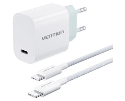 Vention Cargador de Pared - 30W - Cable de 1m Incluido - Chaqueta Trenzada de Algodon y TPE - USB-C - Carga Rapida - Color Blanco