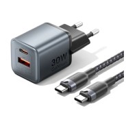 Vention Cargador de Pared - 30W - GaN - Cable de 1m Incluido - USB-C - USB-A - Power Delivery 3.0 - Qualcomm 3.0 - Carga Rapida - Color Gris
