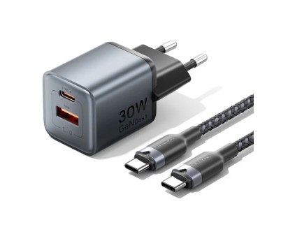 Vention Cargador de Pared - 30W - GaN - Cable de 1m Incluido - USB-C - USB-A - Power Delivery 3.0 - Qualcomm 3.0 - Carga Rapida - Color Gris