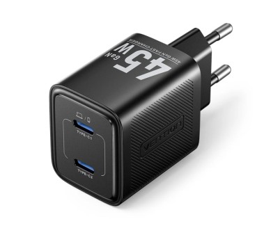 Vention Cargador de Pared - 45W - GaN - 2xUSB-C - Power Delivery 3.0 - Qualcomm 3.0 - Carga Rapida - Color Negro