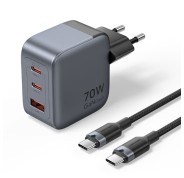 Vention Cargador de Pared - 70W - GaN - Cable de 1m Incluido - 2xUSB-C - USB-A - Carga Rapida PD - Tecnologia PPS - Color Gris